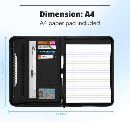 Zippered Portfolio Organizer/ A4 Refillable Lined Writing Notepad Folder Case/Fabric-Covered Padfolio Binder with Interior Storage Pocket for Men Women.Classic Black