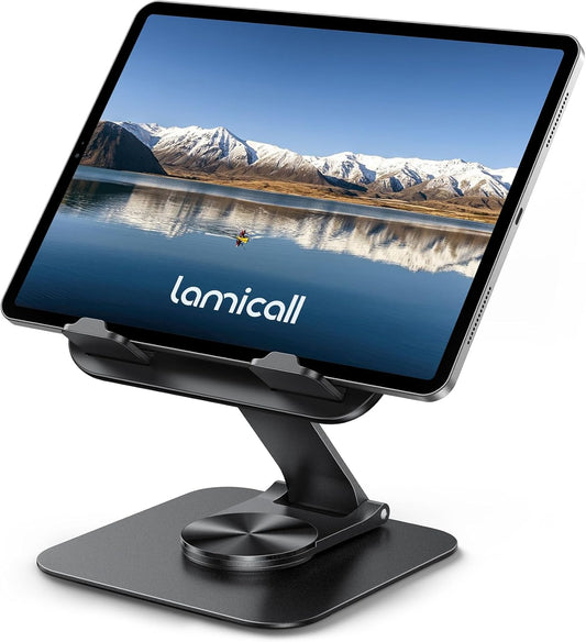 Lamicall Adjustable iPad Stand for Desk - [Ultra-Slim Foldable][360°Rotation Base] Tablet Holder Stand, Heavy-Duty E-Reader Kindle Holder for 4.7-13" Device, iPad Pro Air Mini, Kindle, Tabs, iPhone