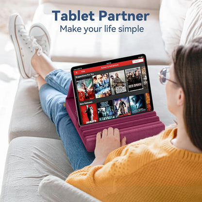 KDD Tablet Pillow Holder, Foldable iPad Stand for Lap, Bed and Desk -Tablet Soft Pad Dock with Pocket & Stylus Mount Compatible with iPad Pro 12.9, 10.5, 9.7 Air Mini 6 5 4 3, Galaxy Tab, E-Reader