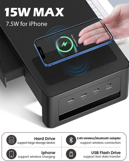 meatanty 3 In 1 Monitor Stand Riser with 2 Drawers,1 Wireless Charging Module and 4 USB Ports,Metal Computer Stand Support Transfer Data & Charging,Desk Organizer for PC,iMac (21 inches)