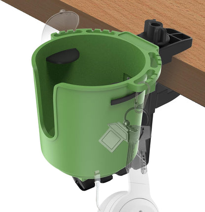 Desk Cup Holder with Headphone Hanger, Clip on Cup Holders for Desks with Spill-Proof Cup Design, Easy to Install, Enough to Hold 8-28OZ Coffee Cups, Water Bottles. (Black, Medium)