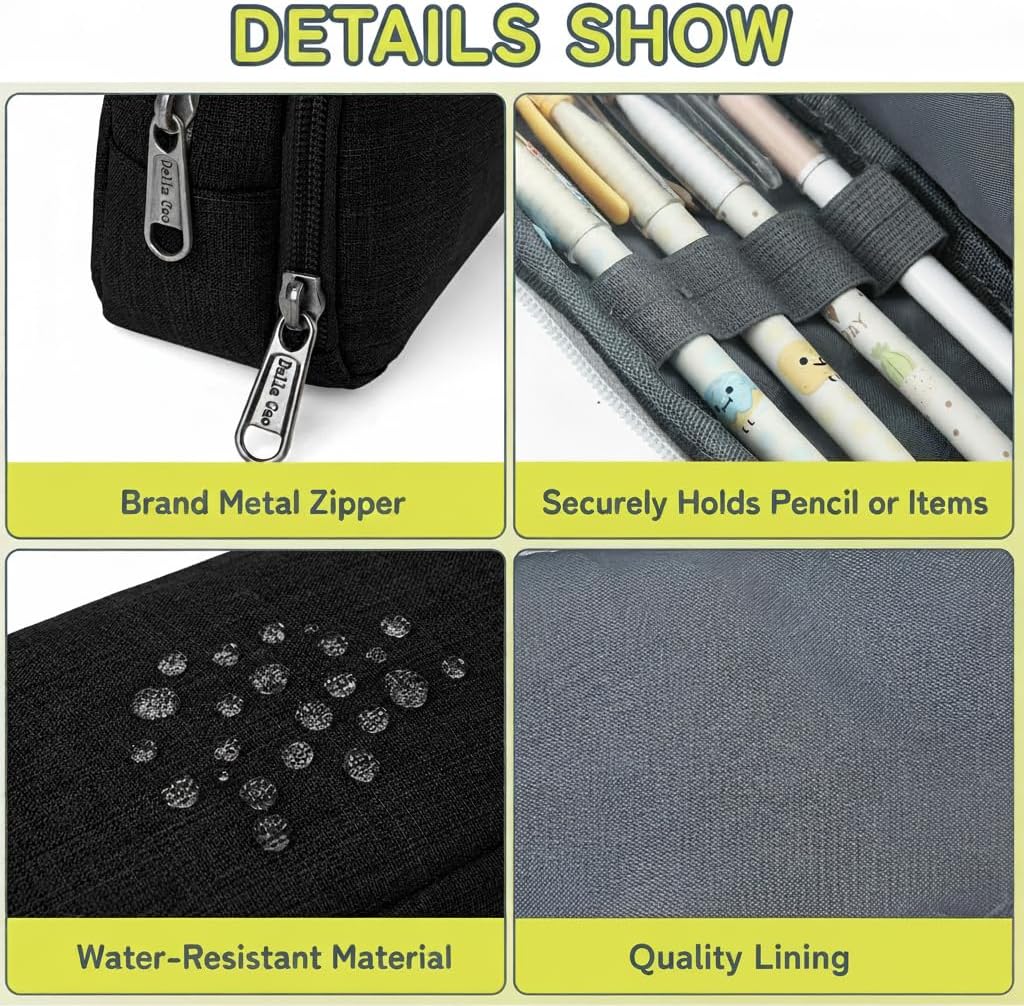 Della Gao Large Pencil Case, Big Capacity Pencil Pouch with 2 Compartments, Office Pencil Bag with Zipper, Big Pen Case for Adults (01-Black)