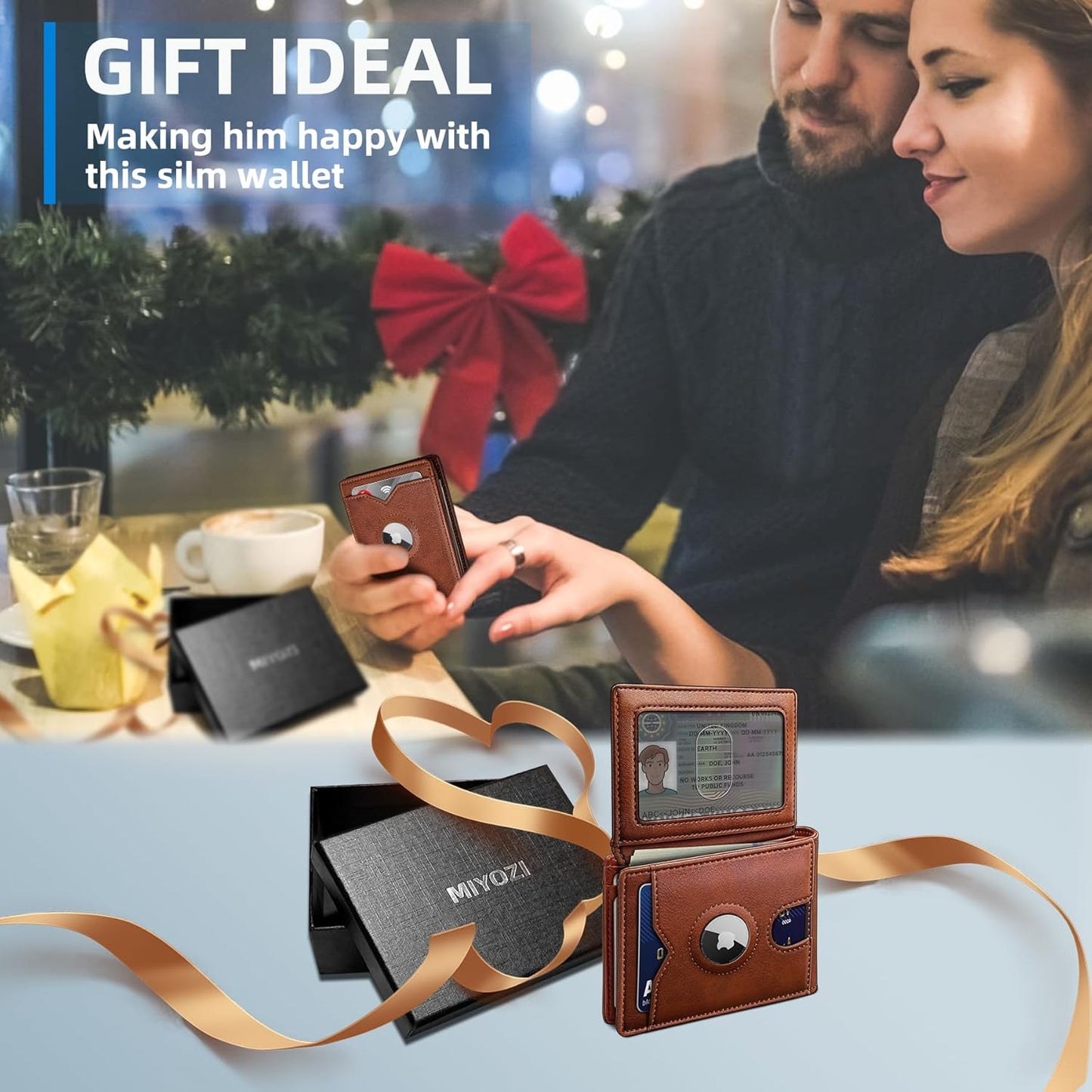miyozi AirTag Wallet for Men, Slim Leather Bifold with Holder Slot, 2 ID Windows & 13 Card Slots, RFID Blocking Front Pocket Wallet with Gift Box