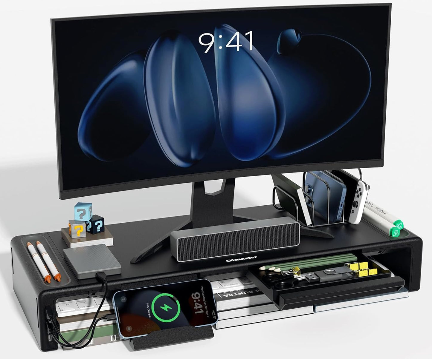 OImaster Adjustable Monitor Stand Riser with Drawer - Foldable Computer Stand for Desk, Desktop Organizer with Phone Holder & Pen Slot, Space Saving Laptop Riser for Home Office, Black