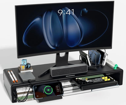 OImaster Adjustable Monitor Stand Riser with Drawer - Foldable Computer Stand for Desk, Desktop Organizer with Phone Holder & Pen Slot, Space Saving Laptop Riser for Home Office, Black