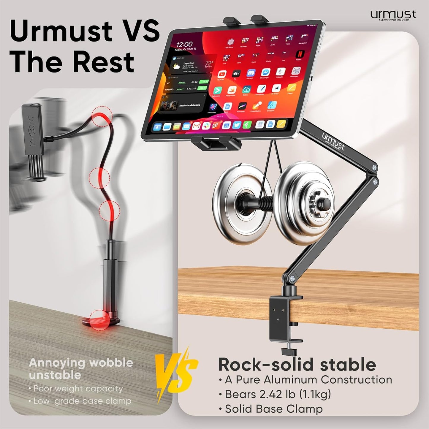 Urmust Tablet Stand for Desk, Adjustable iPad Holder for Bed, 360° Rotation, Sturdy Aluminum Tablet Arm Mount for 4.7"-15.6" iPad Pro/Air/Mini, iPhone, Galaxy Tab, for Kitchen, Work, Video Call