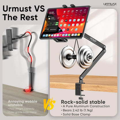 Urmust Tablet Stand for Desk, Adjustable iPad Holder for Bed, 360° Rotation, Sturdy Aluminum Tablet Arm Mount for 4.7"-15.6" iPad Pro/Air/Mini, iPhone, Galaxy Tab, for Kitchen, Work, Video Call