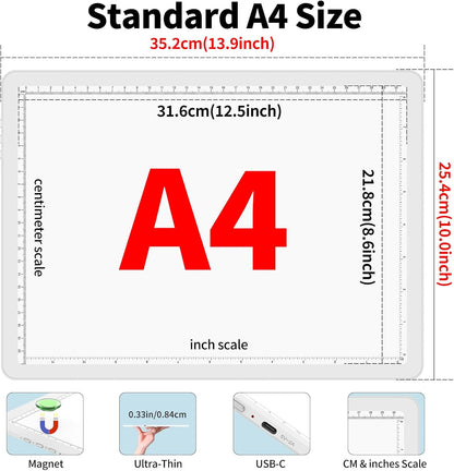 Phylosal Magnetic A3 Light Pad with Bag, Super Bright Light Box with Side Button, Diamond Art Light Board, Lightbox for Tracing and Drawing, USB Power Light Table for Sketching, Weeding Vinyl (White)