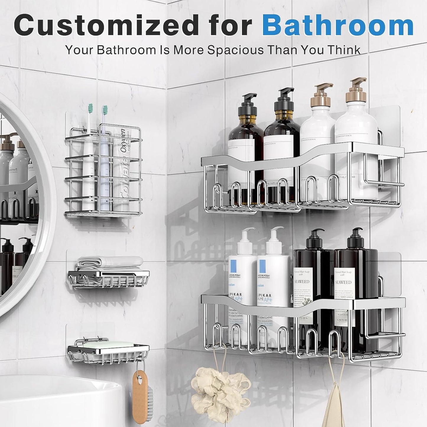 EUDELE Adhesive Shower Caddy, 5 Pack Rustproof Stainless Steel Bath Organizers With Large Capacity, No Drilling Shelves for Bathroom Storage & Home Decor