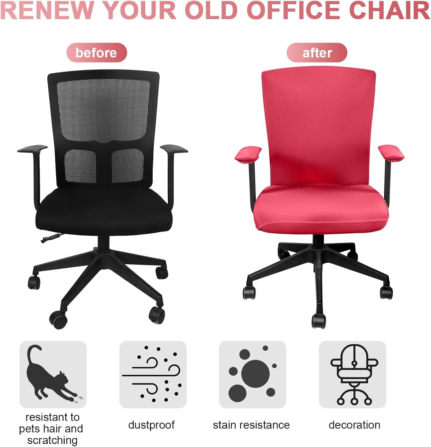 Tallew 4 Pcs Office Chair Covers Set Computer Universal Protective Stretchable Chair Seat Covers Desk Armrest Cover Pads Office Cushion Backrest for Rotating(Regular,Black)