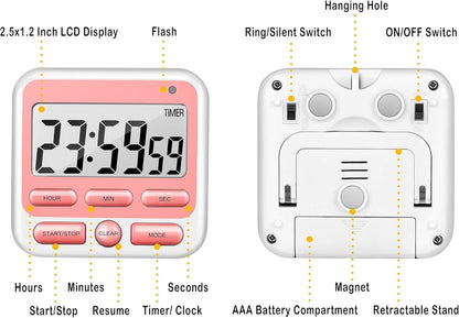 KTKUDY Digital Kitchen Timer with Mute/Loud Alarm Switch ON/Off Switch, 12-Hour Clock & Alarm, Memory Function Count Up & Count Down for Kids Teachers Cooking, Large LCD Display, Strong Magnet (Black)