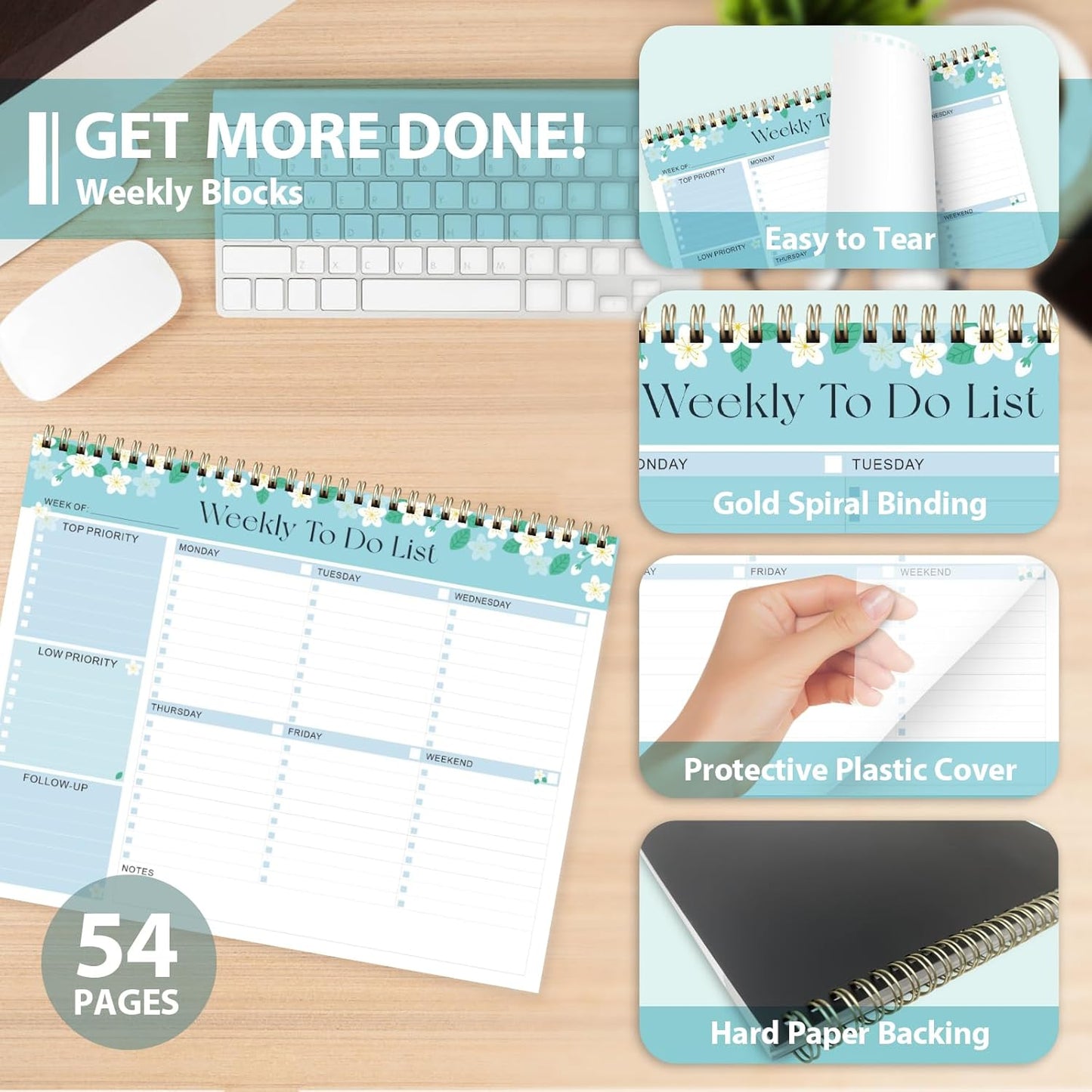 Weekly To Do List Notepad, Undated Planner with 52 Sheets (8.5''x11''), Desk Weekly Planner for Women & Man, Home School & Work