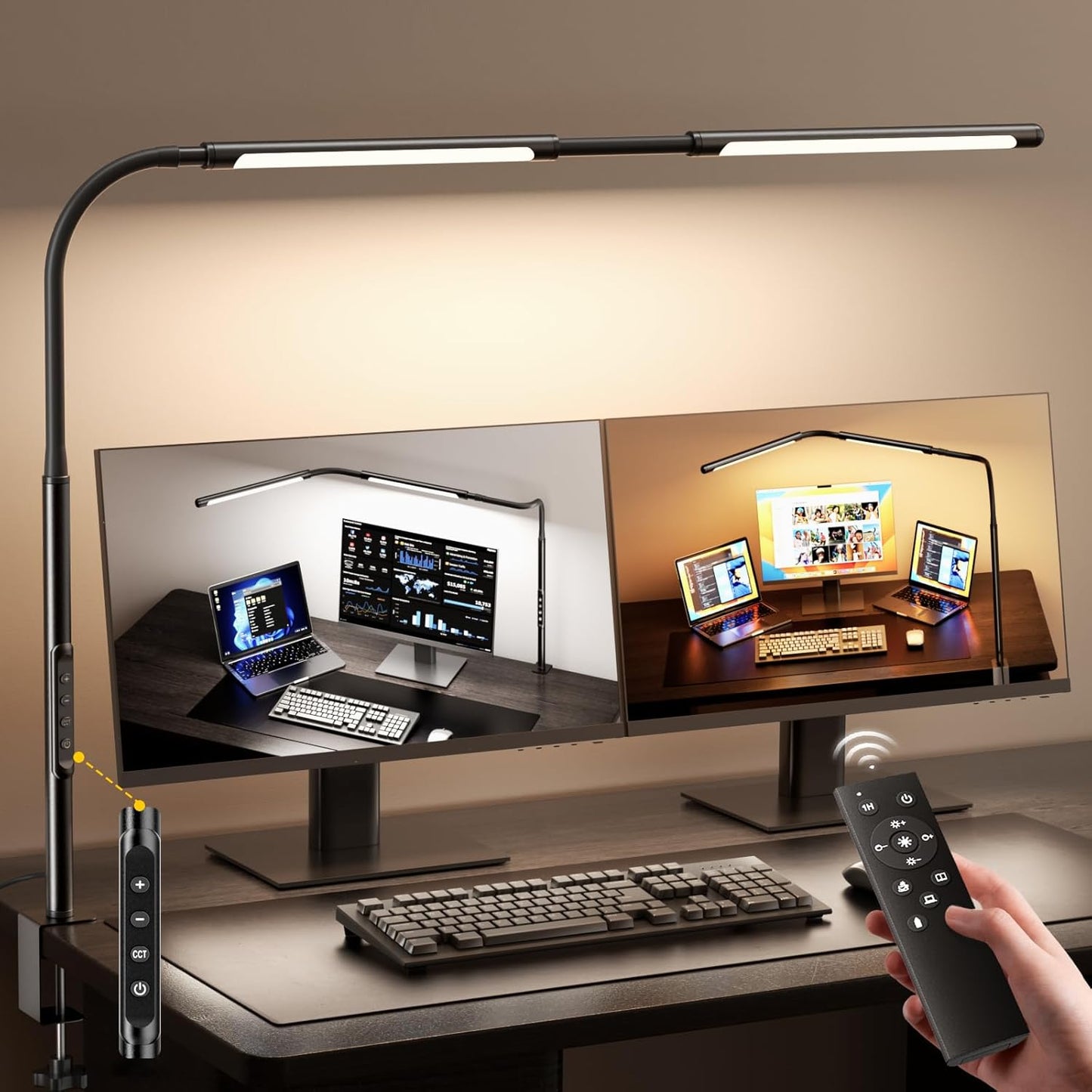 Airlonv LED Desk Lamp for Office Home, Eye-Caring Desk Light with Stepless Dimming Adjustable Flexible Gooseneck, 10W USB Adapter Desk Lamp with Clamp for Reading, Study, Workbench (Black)