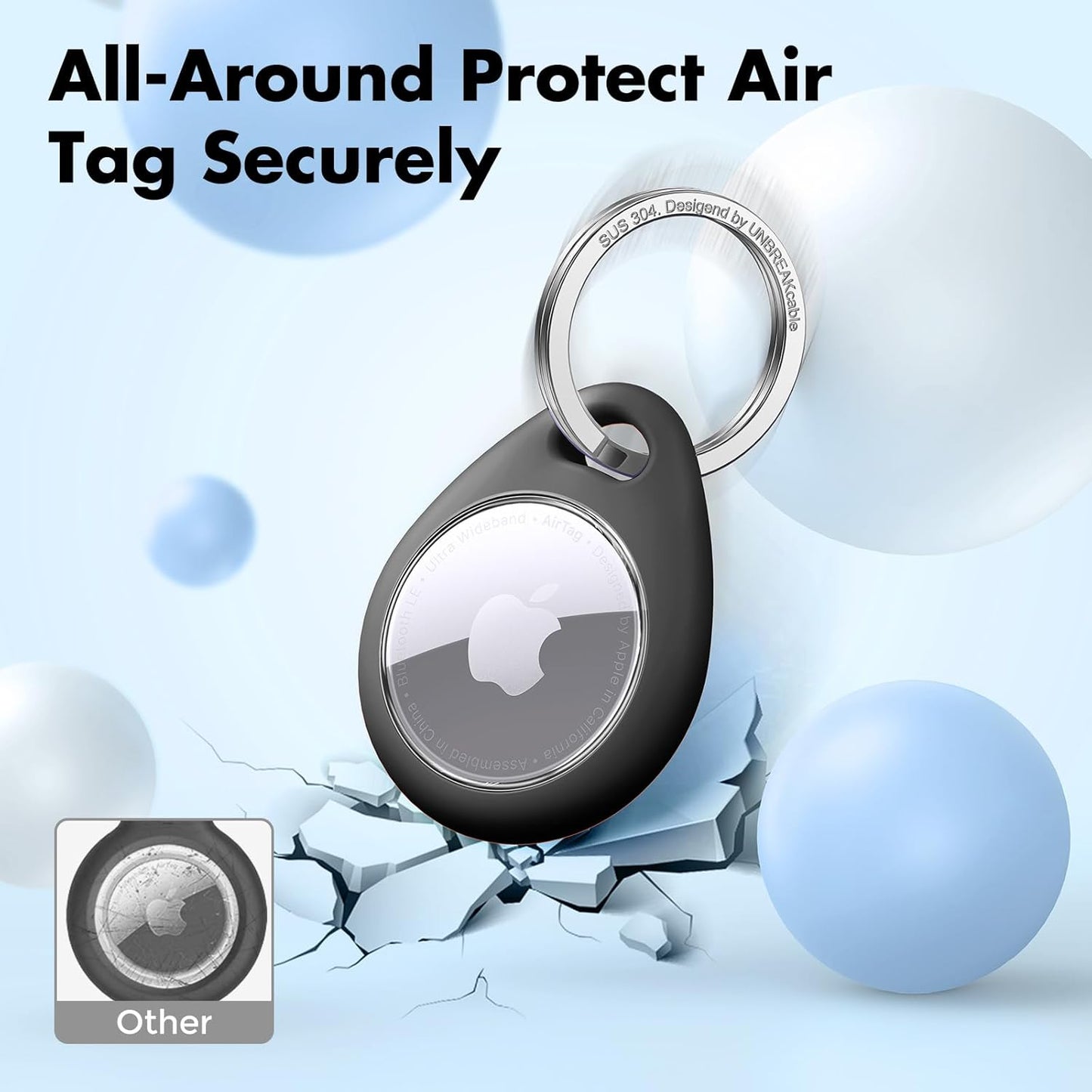 UNBREAKcable AirTag Holder for Apple - 4 Pack Air Tag Case [Fit Tightly Design] [Easy to Install] [Hold Securely] Waterproof TPU Protective Cover with Metal Keychain for Kids,Pet,Luggage,Backpack,Keys
