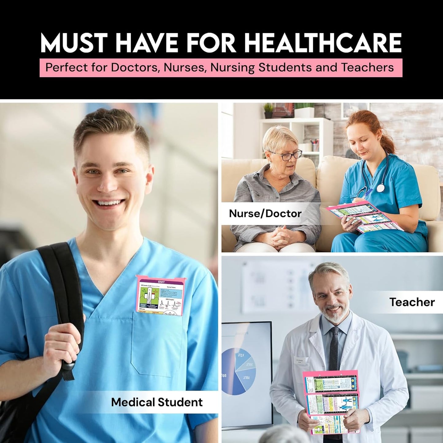 Nursing Clipboard Foldable with Medical Edition Cheat Sheets, 3 Layers Aluminum Foldable Clipboard for Nursing, Notepad for Students, Nursing School Essentials (Black)