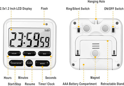 KTKUDY Digital Kitchen Timer with Mute/Loud Alarm Switch ON/Off Switch, 12-Hour Clock & Alarm, Memory Function Count Up & Count Down for Kids Teachers Cooking, Large LCD Display, Strong Magnet (Black)