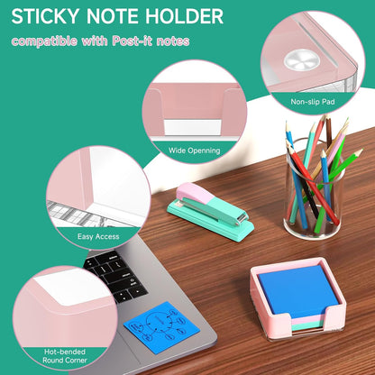 Sticky Note Holder, Glitter Pink Acrylic Notepad Holder 3x3 in Self-Stick Note Dispenser Office Desk Accessories, Memo Pad Holder Organizer for Classroom School Supplies
