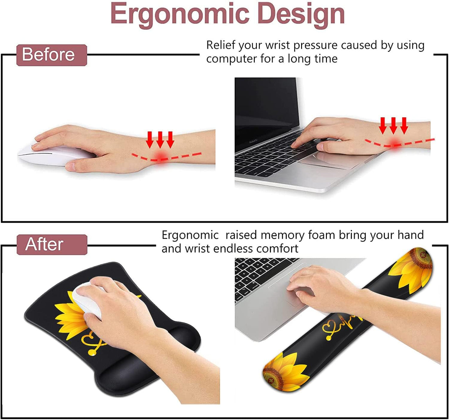 Mouse Pad with Wrist Support, Ergonomic Gel Mouse Pad Beautiful Flowers,Non-Slip Durable, Memory Foam Keyboard Wrist Rest, Suitable for Office Typing Games, Pink Hyacinths on Wood Panel