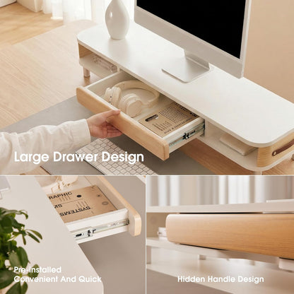 Fenge Monitor Stand with Large Drawer, 42.5 Inch Dual Monitor Riser for 2 Monitors, Ergonomic Computer Desk Shelf with Soft Touch Leather & Storage Organizer for Laptop, Computer, TV, PC, Printers