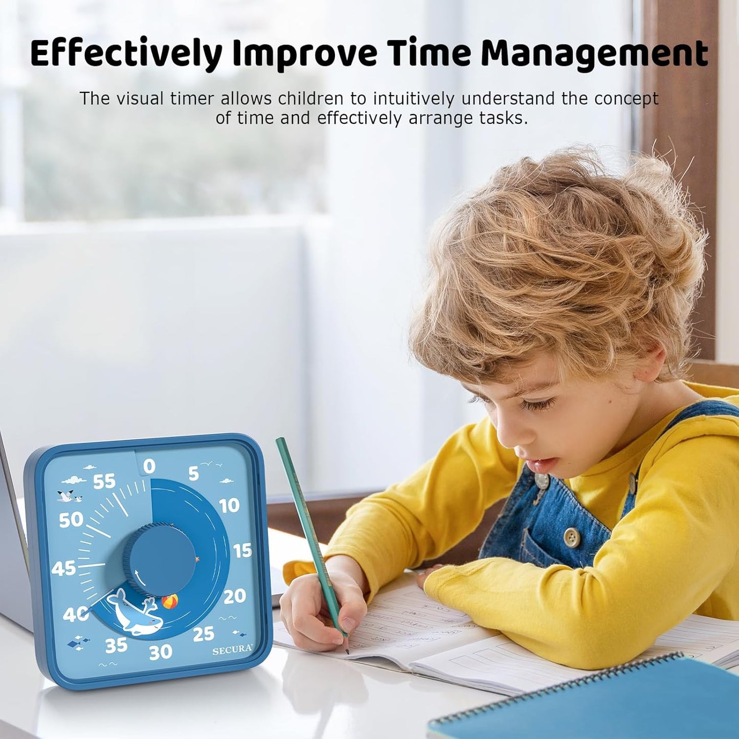 Secura 60-Minute Visual Countdown Timer, 7.5-Inch Oversize Classroom Visual Timer for Kids and Adults, Durable Mechanical Kitchen Timer Clock with Magnetic Backing (Blue)
