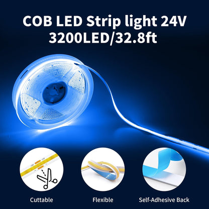 32.8FT/10M Blue COB LED Strip Light, 3200LEDS LED Tape Lights, High Bright CRI93+ Flexible Dimmable Light Strip for Bedroom TV Backlight Monitor Gaming Room Bar Decor(with Plug)