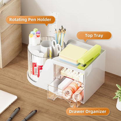 Marbrasse Desk Organizer with 2 Drawer, 360°Rotating Pen Holder, Desk Organizers and Accessories with 6 Slots Pencil Holder + 2 Drawer, Art Supply Storage Box Caddy for Office (Black)