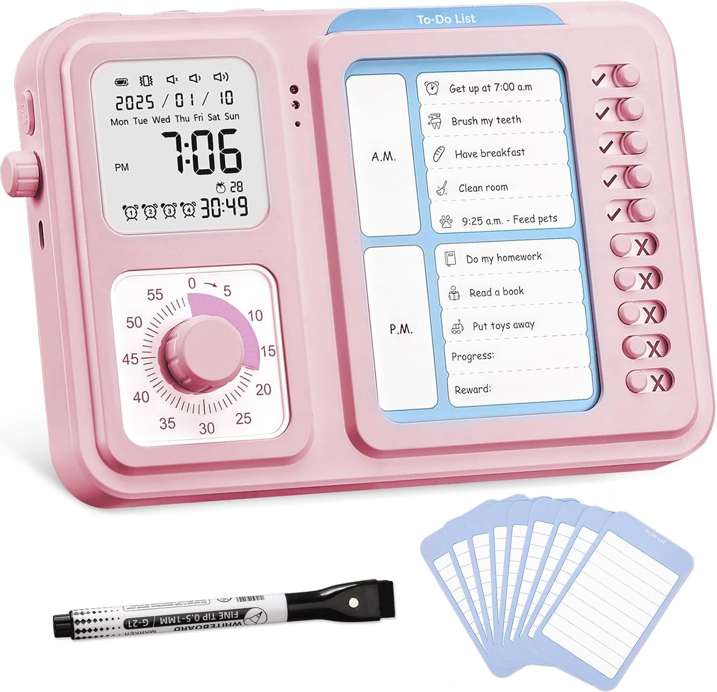 3-in-1 Visual Timer & ADHD Tool for Kids|Adults, Task Timer with Chore Chart Board, Visual Schedule for Kids with Autism, Daily Checklist for Home, School, Classroom, Desk
