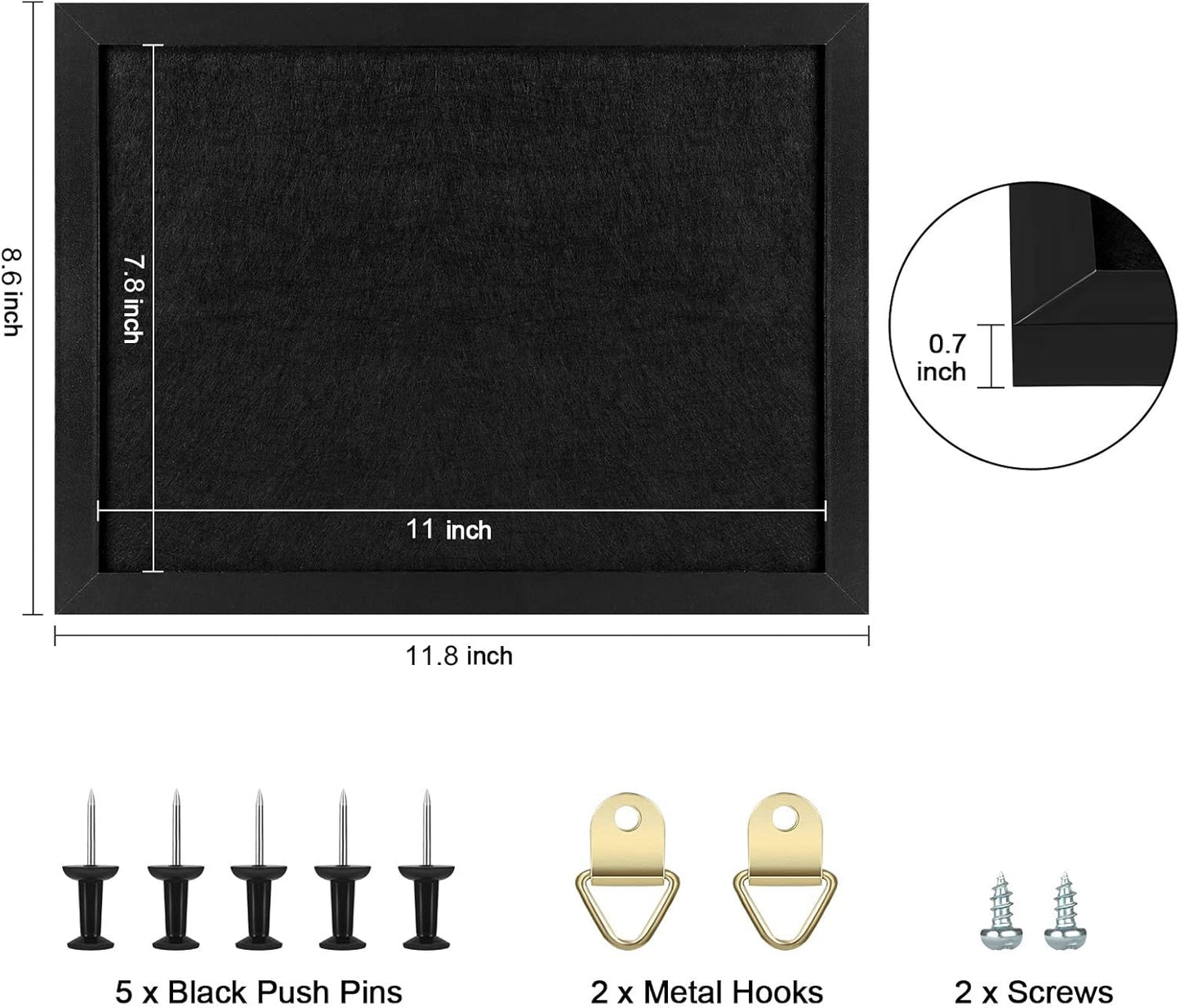 TORASO Cork Board Bulletin Board with Felt,Wood Framed Display Bulletin Board for Walls with Pins, Eye Bolts, gaskets, Screws, Pin Board for Office, School and Home(Black,1pc)