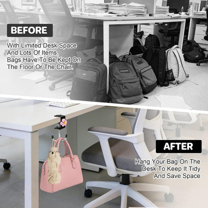 AULEEP 2 Pack Clamp-On Under Desk Bag Hook, Adjustable Purse Holder for Table with Cute DIY Stickers, 100 lbs Capacity Heavy-Duty Desk Organizer Hooks for Handbag, Backpack, Headphone, Black