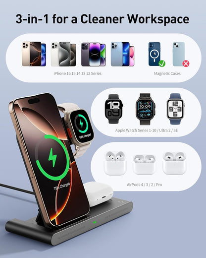RYND 2026 Travel Portable Wireless Fast Charger for Apple & Android Charging Station,3 in 1 Charging for iPhone17 16 15 14 13 12,Apple Watch Series & Air pods 4 3 2 Pro,Samsung Galaxy