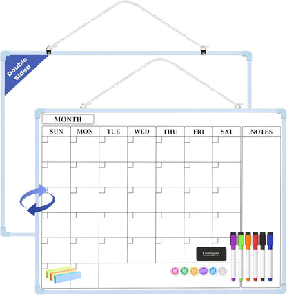 Monthly Whiteboard Calendar for Wall, Small 16" x 12" Dry Erase Board with Plastic Frame, Hanging Dry Erase Calendar with 3 Mini Sticky Notes for Kitchen Planner, Memo, Home and Office