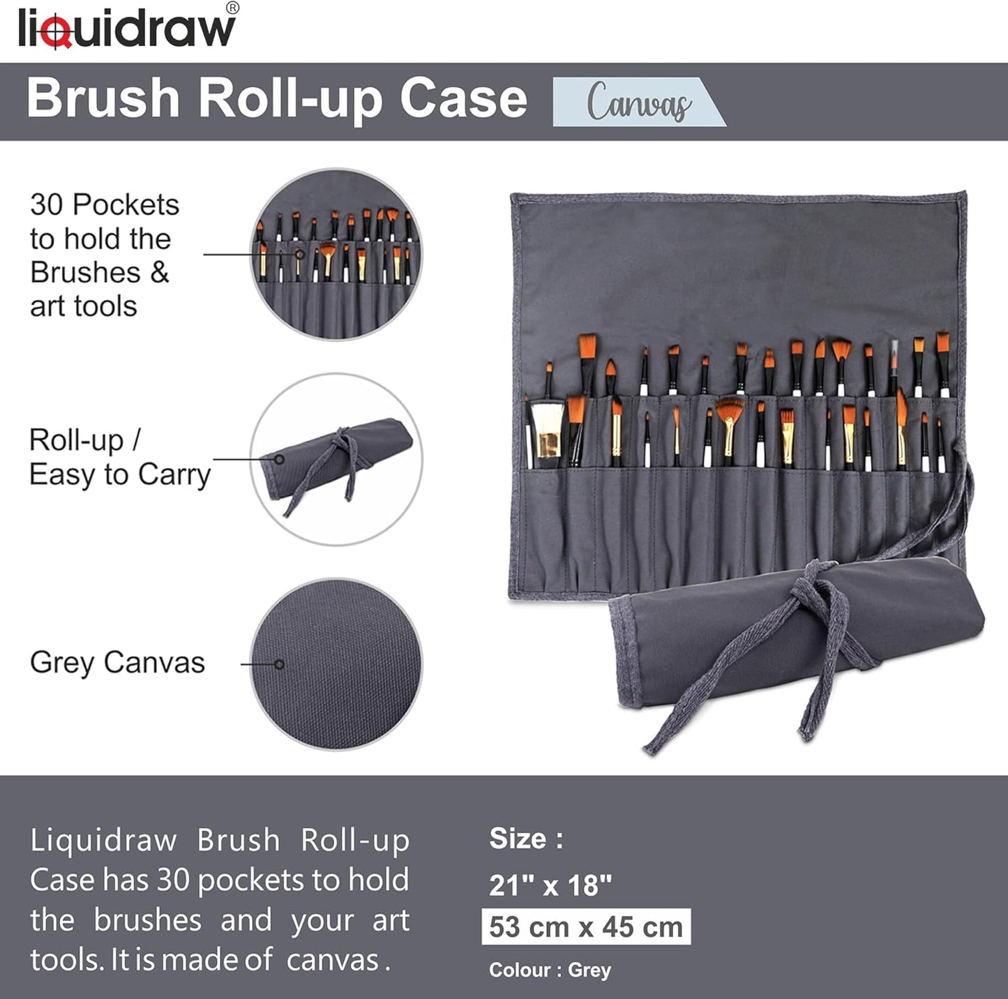 Liquidraw 30 Pocket Canvas Paint Brush Holder - Natural | 21" x 18" | Roll Up Brush Storage Pouch | Ideal Case for Paintbrush & Art Tool Storage | Easy to Carry | Also Great for Storing Makeup Brushes