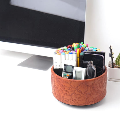 Round Leather Art Supply Organizer,Remote Control Holder,360 Degree Rotating,Multi-Functional Pencil Holder,4 Compartments Desktop Stationary Organizer(1-Fractal Flower) | Round - Colors C