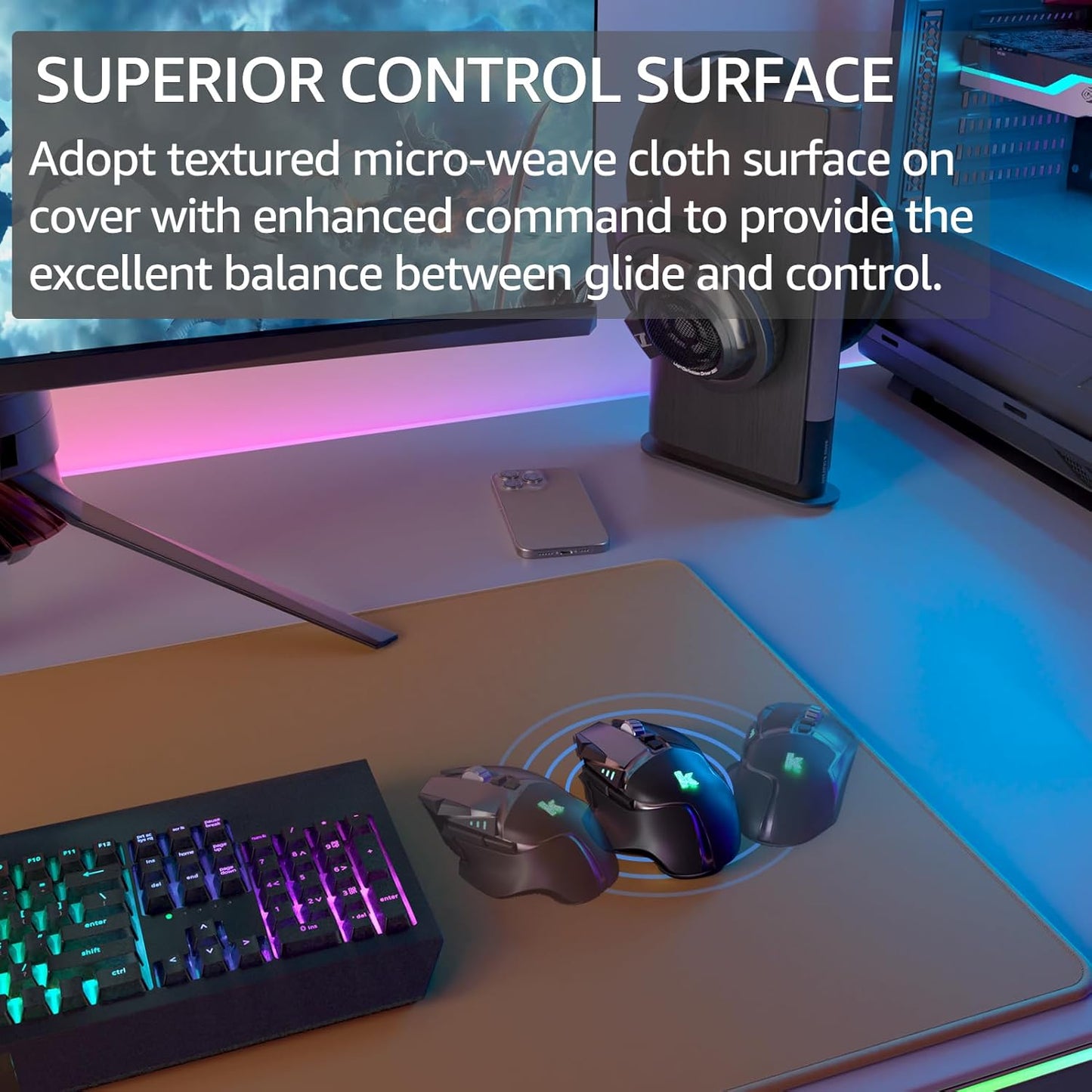 KTRIO Large Gaming Mouse Pad Desk Mat, Superior Micro-Weave Cloth for Precise Mouse Control, Non-Slip Rubber Base, Stitched Edges, Water-Resistant, for Gamer, Office & Home, 31.5" x 11.8" inches