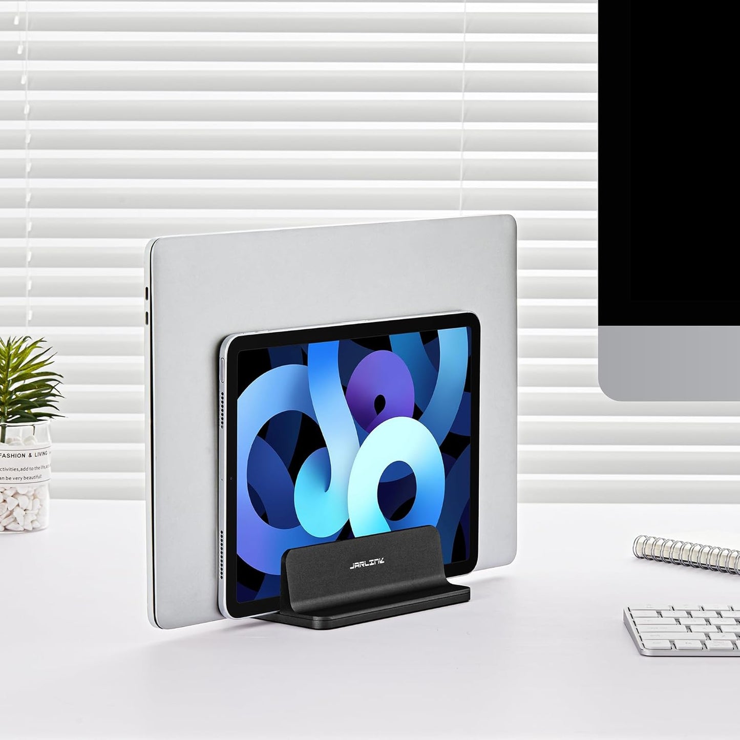 JARLINK Vertical Laptop Stand Holder, Aluminum Double Desktop Stand Holder with Adjustable Dock (Up to 17.3 inch), Compatible with MacBook, Surface, Chromebook, and Gaming Laptops, Silver