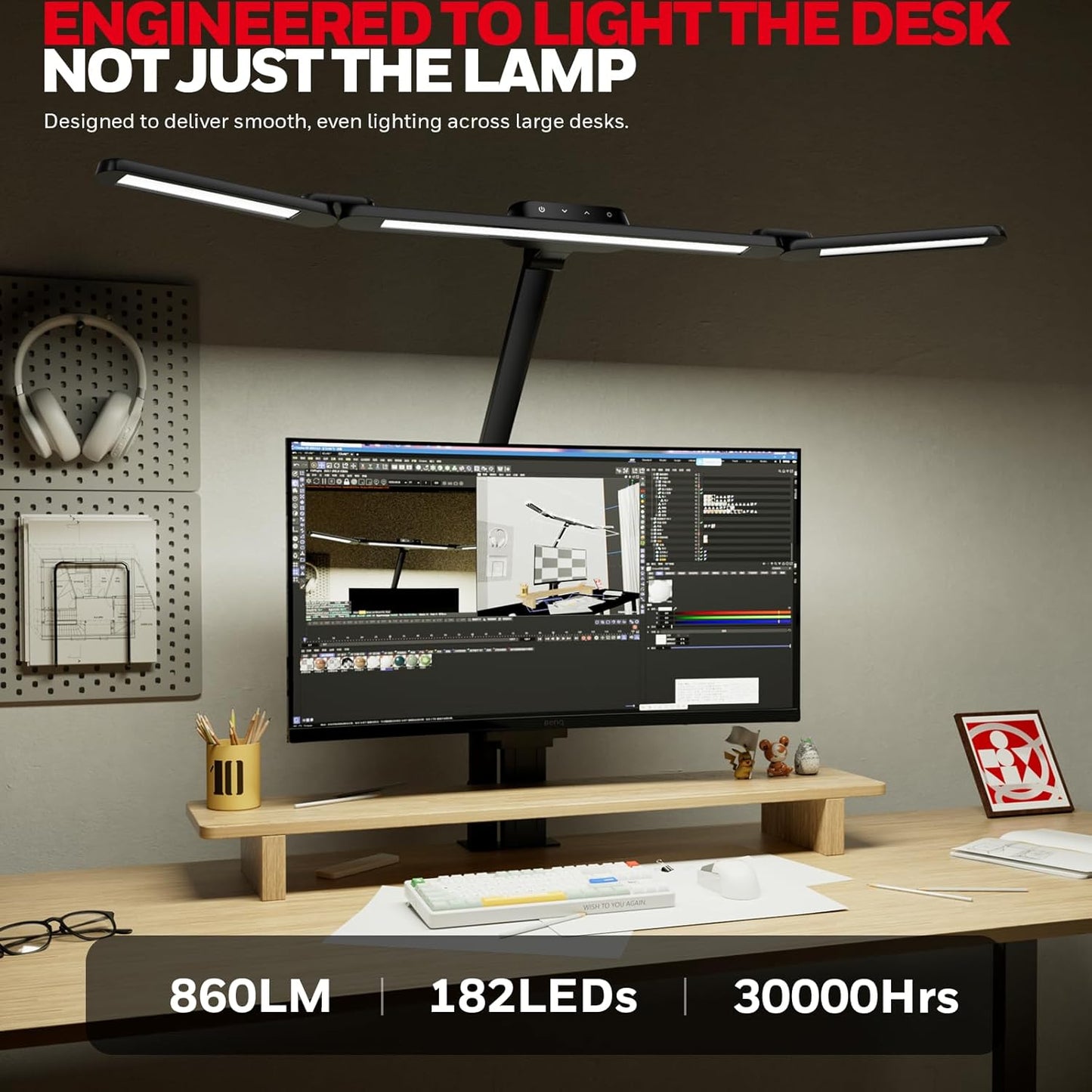 Honeywell Wide Desk Lamp with Clamp for Dual Monitors, 22W Full-Spectrum Eye-Caring LED Desk Lamp for Home Office, 3-Section Adjustable Architect Light for Large Desk, Stepless Dimming, 3000K-5700K