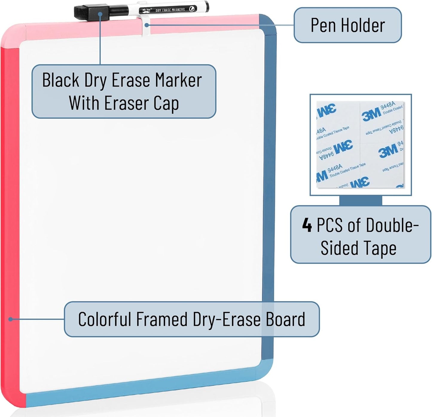 Mr. Pen- Dry Erase Board, 14” x 11” with a Black Dry Erase Marker, White Frame, Small Mini White Board for Students, Fridge, Wall, Locker, Includes Double Sided Tapes