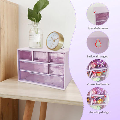 Mini Desk Drawer Organizer with 6 Clear Drawers - 7" x 3.9" x 4.7" Small Plastic Storage Box for Office, Classroom, Crafts, and Home Desktop Organization
