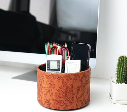Round Leather Art Supply Organizer,Remote Control Holder,360 Degree Rotating,Multi-Functional Pencil Holder,4 Compartments Desktop Stationary Organizer(1-Fractal Flower) | Round - Colors C