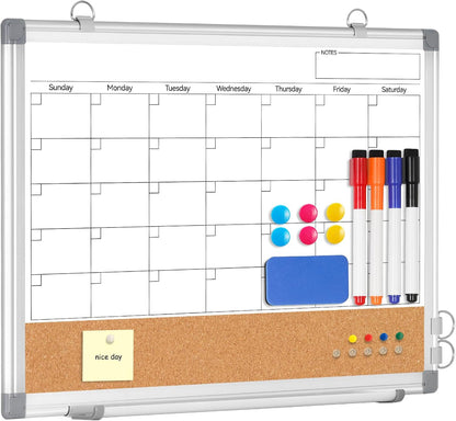 Weekly Dry Erase Calendar Whiteboard for Wall, 24" x 18" Double-Sided Weekly Planner White Board Cork Combo, Hanging & Wall Mount Week Bulletin Board with Notes for Home, Office, School, Kitchen