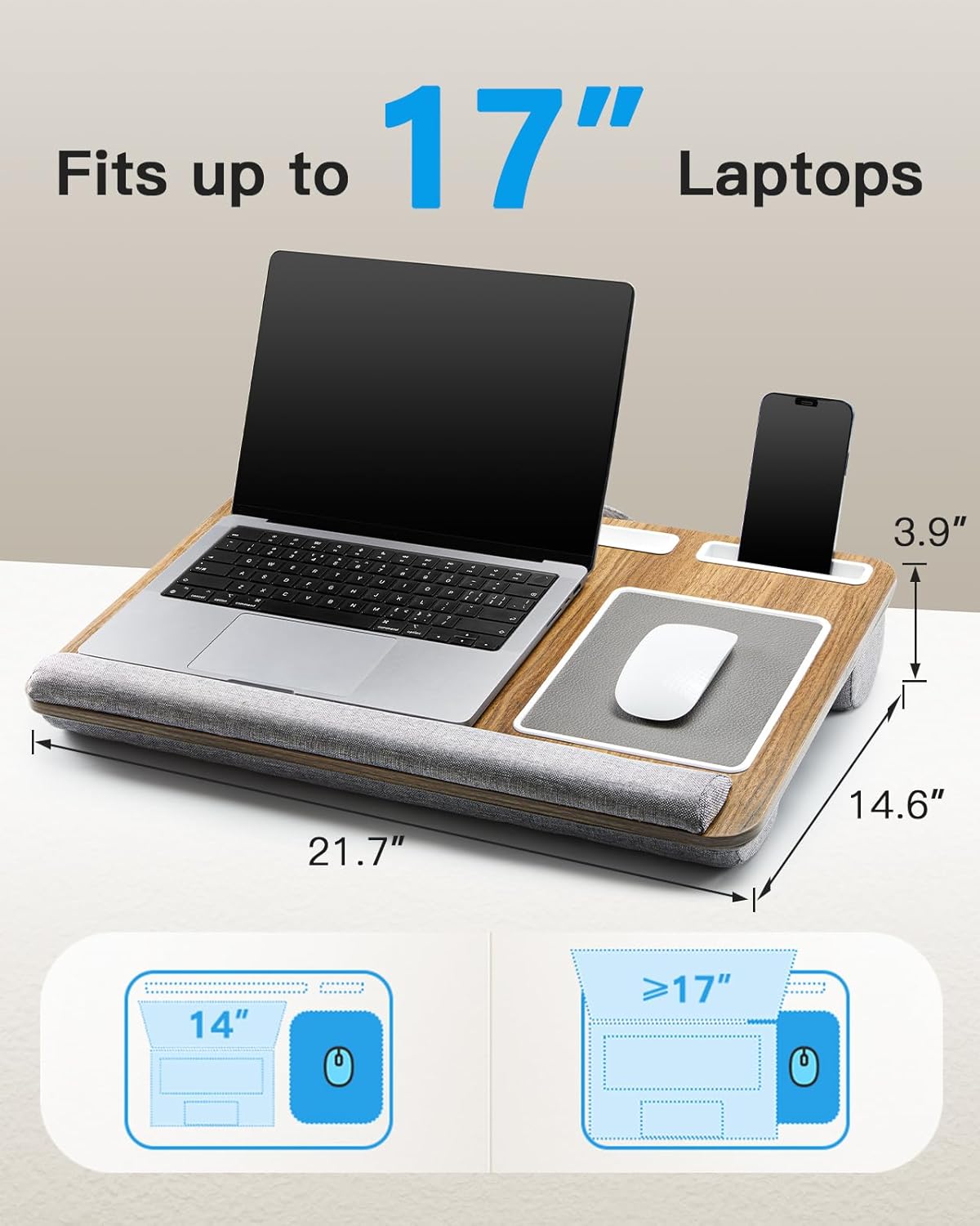 HUANUO Lap Desk - Fits up to 17 inches Laptop Desk, Built in Mouse Pad & Wrist Pad for Notebook, Laptop, Tablet, Lap Stand with Tablet, Pen & Phone Holder, Wood Grain