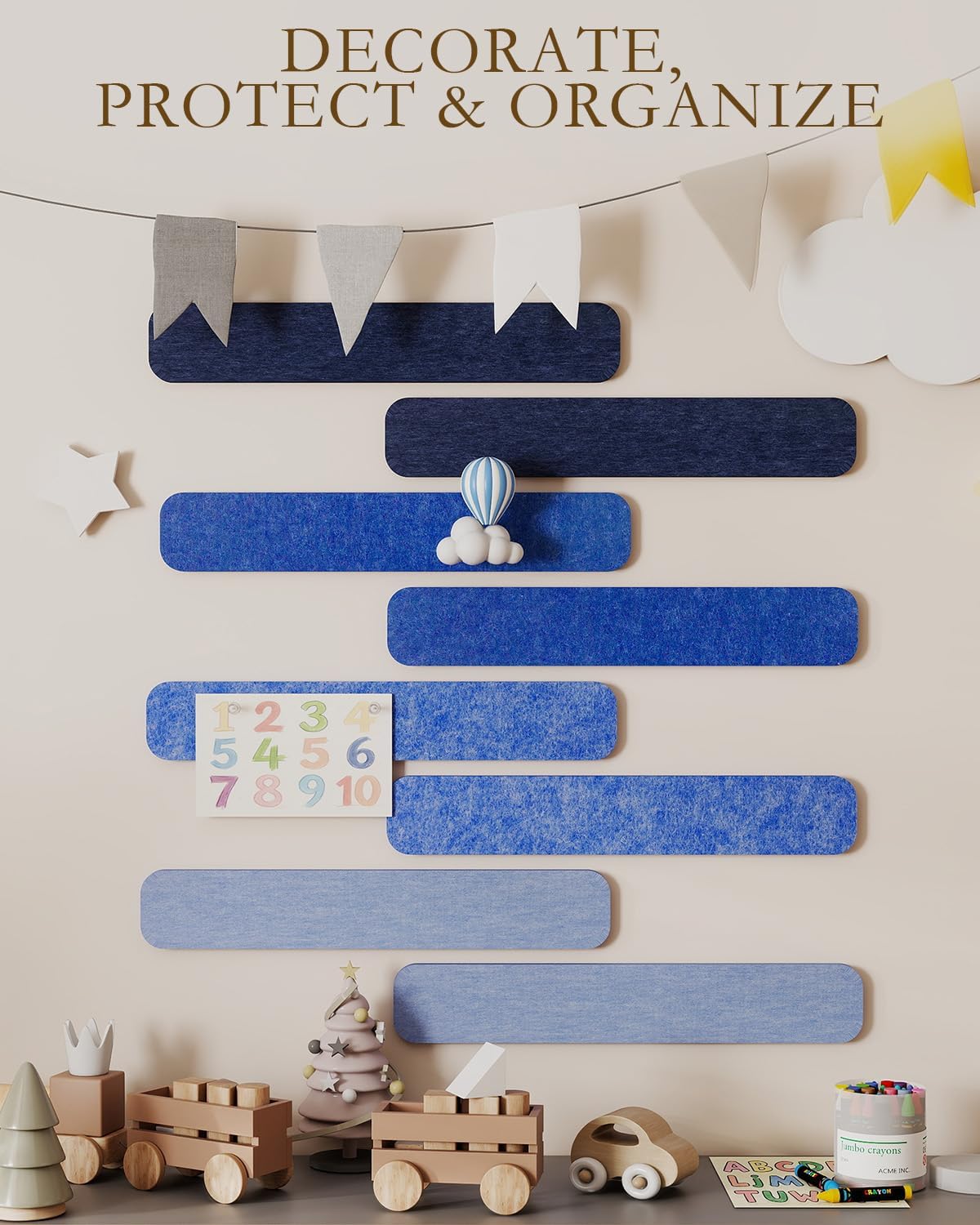JBER Felt Strip Board 5 Pack 13"x2", Cork Board Alternative Pin Bulletin Board, Self-Adhesive Vision Board with 25 Push Pins for Walls, Office & Home Decor(Light Camel)