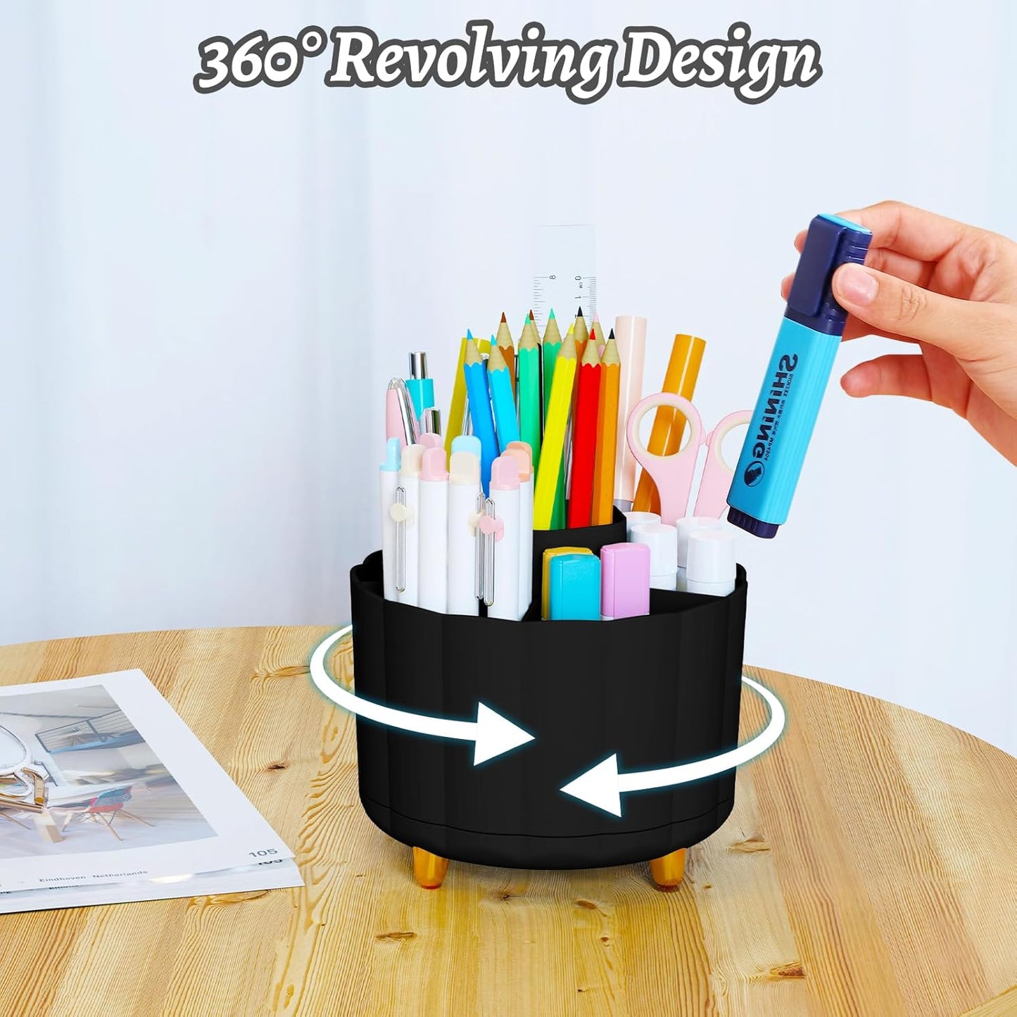 360 Rotating Pencil Pen Holder for Desk, White Pen Organizer with 6 Slots, Cute Office Supplies, Desk Accessories for Office, School, Home