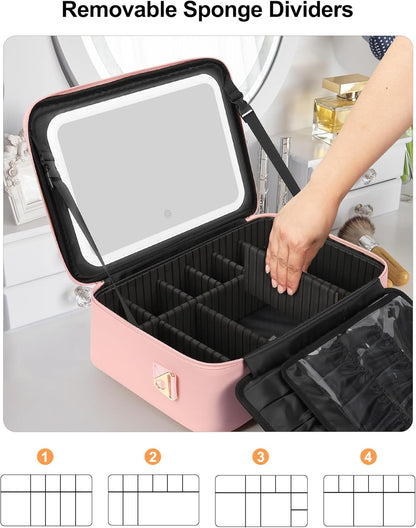 Relavel Travel Makeup Bag With LED Mirror, Cosmetic Train Case with Light up Mirror, Portable Makeup Artist Organizer Bag with Adjustable Dividers, Makeup Brush Holder Storage, Black