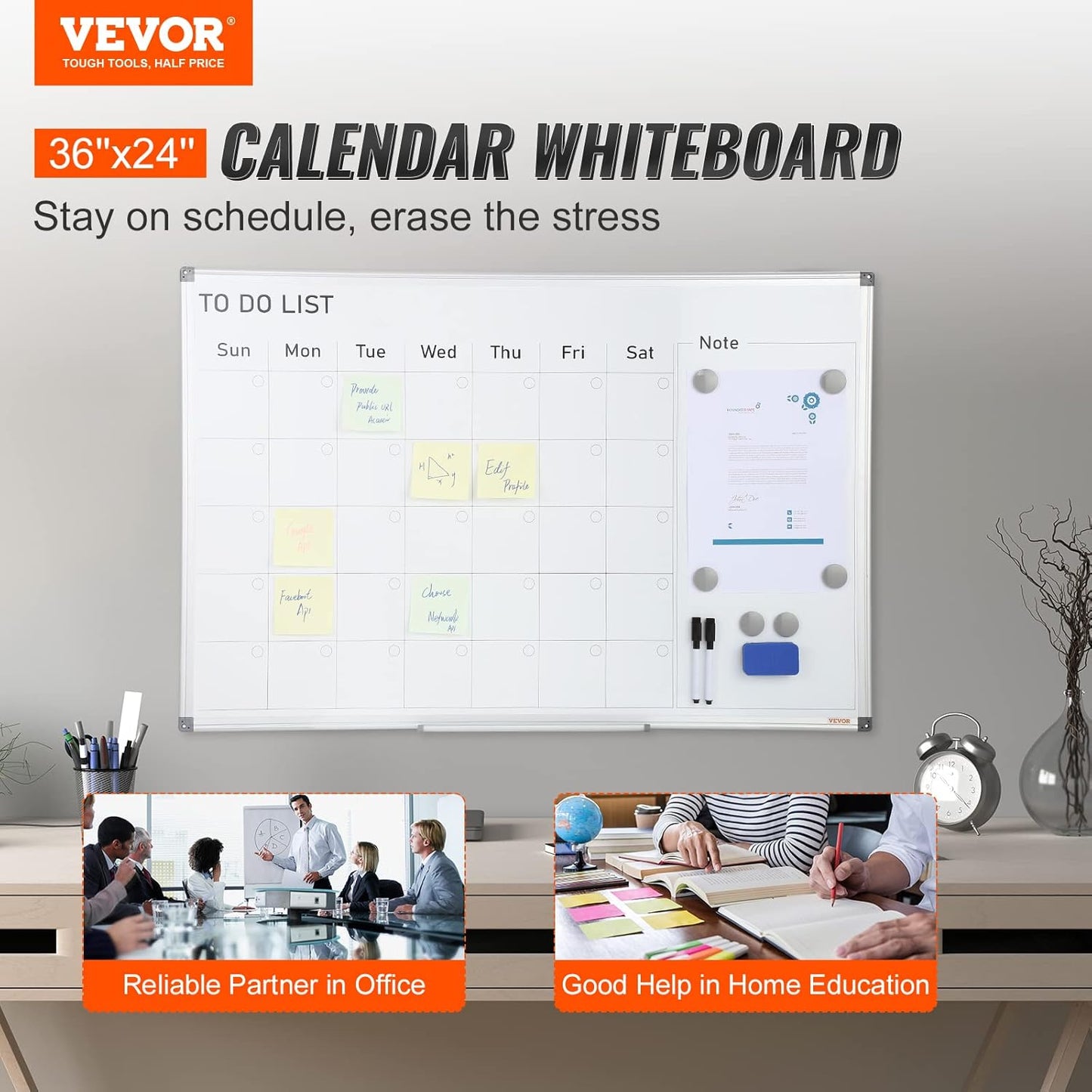 VEVOR Magnetic Glass Whiteboard, Dry Erase Board 36"x24", Wall-Mounted Large White Glassboard Frameless, with Marker Tray, an Eraser and 2 Markers, Black