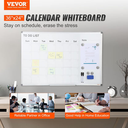 VEVOR Magnetic Glass Whiteboard, Dry Erase Board 36"x24", Wall-Mounted Large White Glassboard Frameless, with Marker Tray, an Eraser and 2 Markers, Black