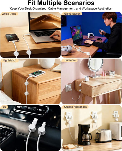 OneLeaf 8 Pack 360° Rotatable Strong Magnetic Cable Clips Cord Holder for Nightstand, 1s Lock Phone Charger Holder, Adhesive Magnetic Cord Clips for Home/Office/Car/Game Station, Smooth Adjustable