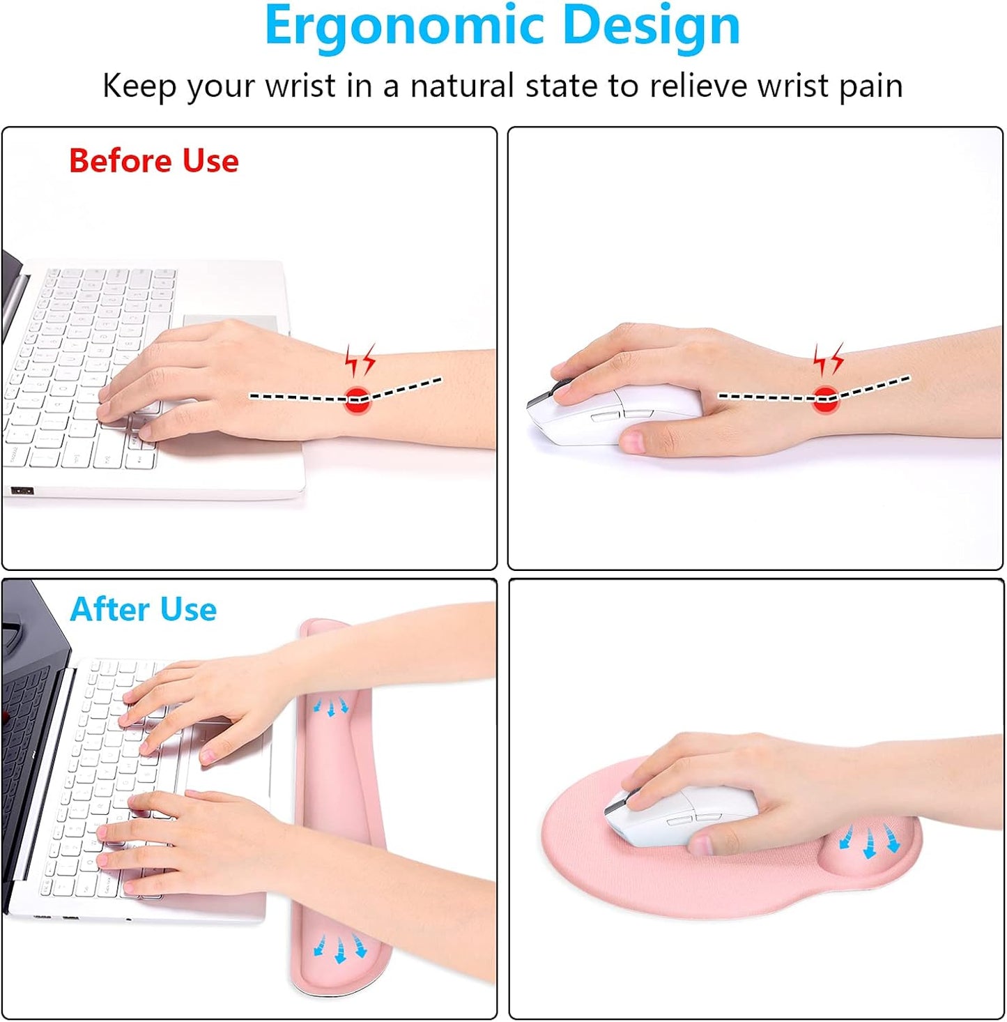 Dapesuom Keyboard Wrist Rest and Mouse Pad with Wrist Support, Cute Memory Foam Cushion for Keyboard and Mouse Set, Ergonomic Desktop Pad Rests with Non Slip Base for Easy Typing & Pain Relief, Pink