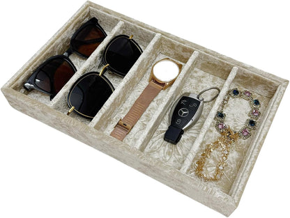 AgentMoon 5-Compartment Velvet Sunglasses & Jewelry Organizer Tray – Adjustable Dividers, Sturdy Wood, Non-Slip Storage for Watches, Glasses, Bracelets, Desk or Drawer.(Tabby Red)