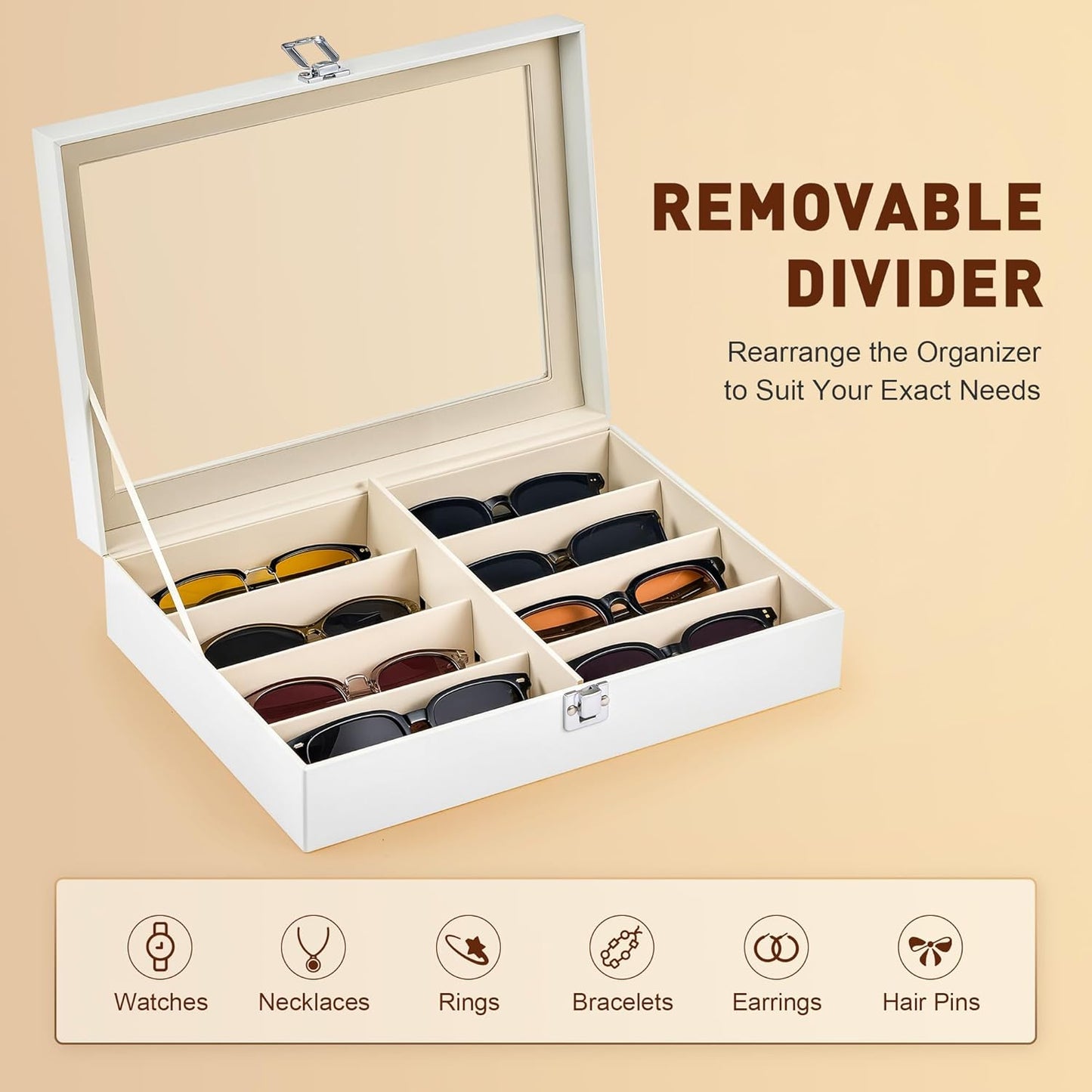 CO-Z Leather Multi Sunglasses Organizer for Women Men, Eyeglasses Eyewear Display Case with 8 Slots, Jewelry Watch Organizer, Sunglasses Jewelry Collection Case, Sunglass Glasses Storage Holder Box